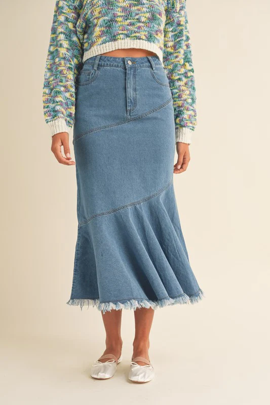 Flared Fringe Hem Denim Skirt