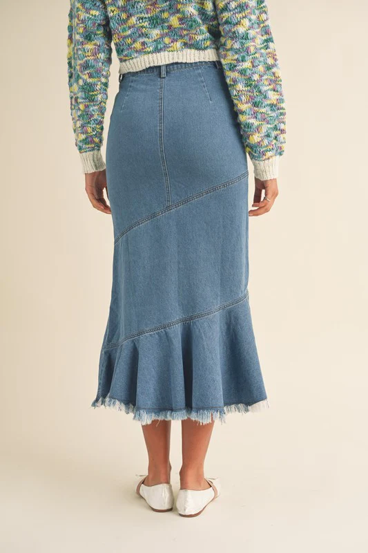 Flared Fringe Hem Denim Skirt - Image 3