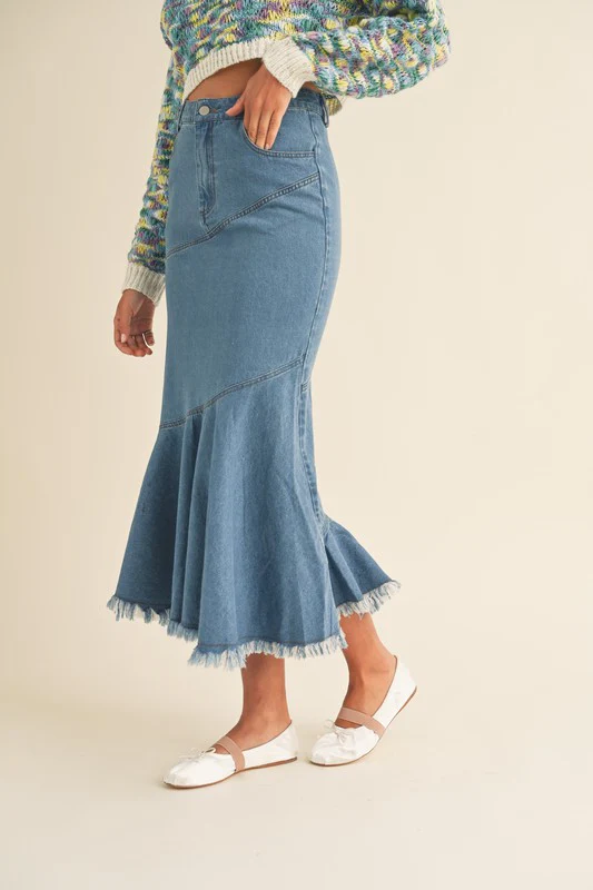 Flared Fringe Hem Denim Skirt - Image 5