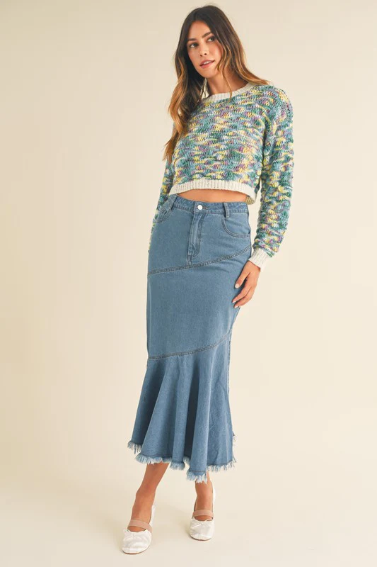 Flared Fringe Hem Denim Skirt - Image 6